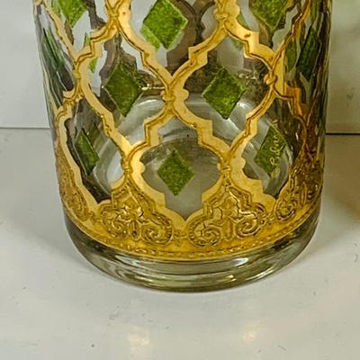 LOT 311: Culver Glass Tumblers with 22k Gold and Green Valencia Design Two (2) Low Ball and Two (2) High Ball
