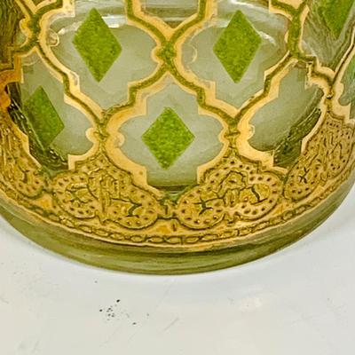 LOT 311: Culver Glass Tumblers with 22k Gold and Green Valencia Design Two (2) Low Ball and Two (2) High Ball