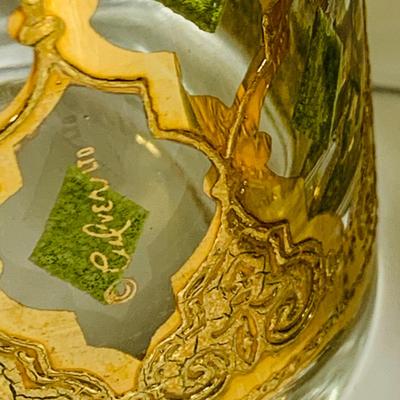 LOT 311: Culver Glass Tumblers with 22k Gold and Green Valencia Design Two (2) Low Ball and Two (2) High Ball