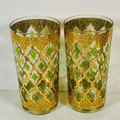 LOT 311: Culver Glass Tumblers with 22k Gold and Green Valencia Design Two (2) Low Ball and Two (2) High Ball