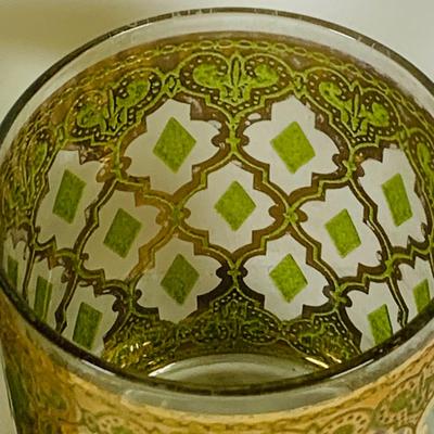 LOT 311: Culver Glass Tumblers with 22k Gold and Green Valencia Design Two (2) Low Ball and Two (2) High Ball