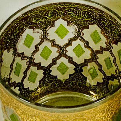 LOT 311: Culver Glass Tumblers with 22k Gold and Green Valencia Design Two (2) Low Ball and Two (2) High Ball