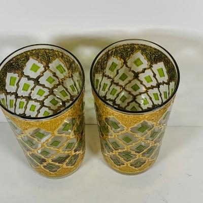 LOT 311: Culver Glass Tumblers with 22k Gold and Green Valencia Design Two (2) Low Ball and Two (2) High Ball