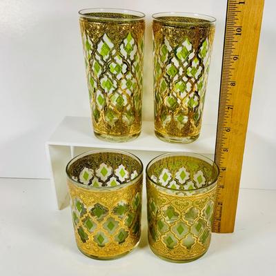 LOT 311: Culver Glass Tumblers with 22k Gold and Green Valencia Design Two (2) Low Ball and Two (2) High Ball