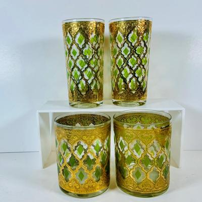 LOT 311: Culver Glass Tumblers with 22k Gold and Green Valencia Design Two (2) Low Ball and Two (2) High Ball