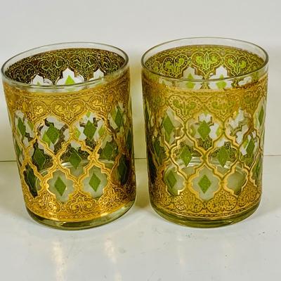 LOT 311: Culver Glass Tumblers with 22k Gold and Green Valencia Design Two (2) Low Ball and Two (2) High Ball