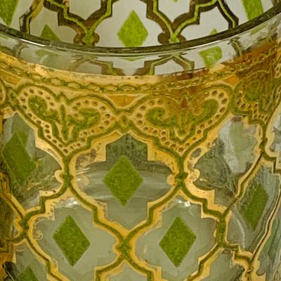 LOT 311: Culver Glass Tumblers with 22k Gold and Green Valencia Design Two (2) Low Ball and Two (2) High Ball