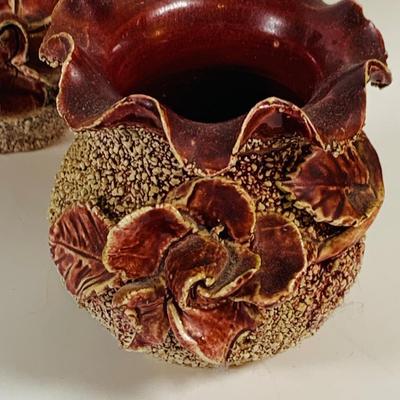 LOT 325: Large Stangl Floral Platter, Fenton Bell and Set of Three (3) Sand Majolica Vases