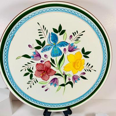 LOT 325: Large Stangl Floral Platter, Fenton Bell and Set of Three (3) Sand Majolica Vases