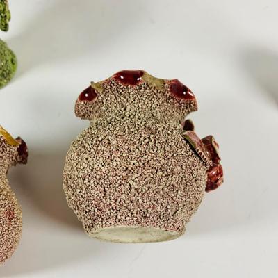 LOT 325: Large Stangl Floral Platter, Fenton Bell and Set of Three (3) Sand Majolica Vases