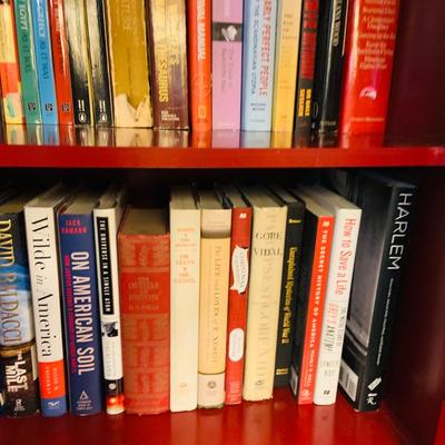 LOT 330: Red Wooden Book Case with Drawer and Glass Front Doors Books, and Book Ends