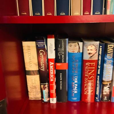 LOT 330: Red Wooden Book Case with Drawer and Glass Front Doors Books, and Book Ends