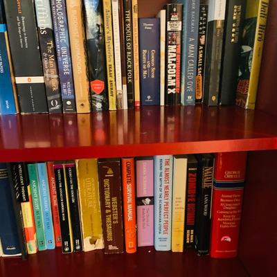 LOT 330: Red Wooden Book Case with Drawer and Glass Front Doors Books, and Book Ends