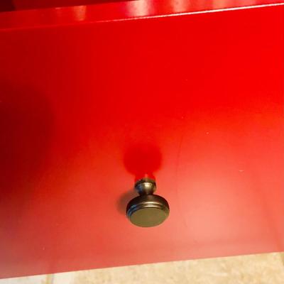 LOT 330: Red Wooden Book Case with Drawer and Glass Front Doors Books, and Book Ends