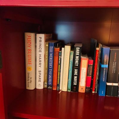 LOT 330: Red Wooden Book Case with Drawer and Glass Front Doors Books, and Book Ends