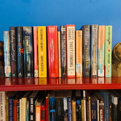 LOT 330: Red Wooden Book Case with Drawer and Glass Front Doors Books, and Book Ends