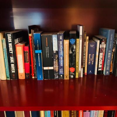 LOT 330: Red Wooden Book Case with Drawer and Glass Front Doors Books, and Book Ends