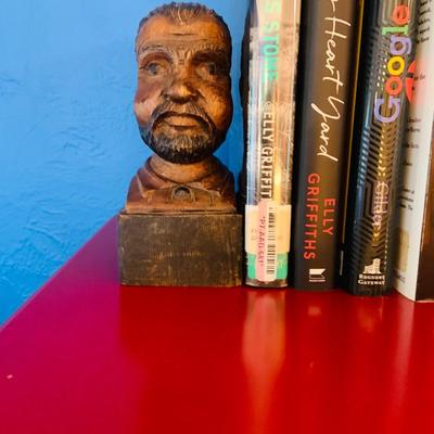 LOT 330: Red Wooden Book Case with Drawer and Glass Front Doors Books, and Book Ends