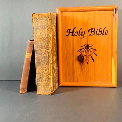 LOT 332 Vintage Books Indulding the Holy Bible in a Wood Box, The Life of Rev. John Fox and Cushing's Manual