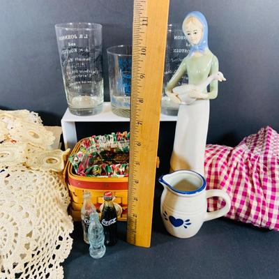 LOT335: Glassboro State Glasses, Wheaton Glass, Longaberger Basket, Table Linens Mini Coke Bottles and More