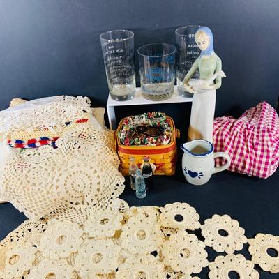 LOT335: Glassboro State Glasses, Wheaton Glass, Longaberger Basket, Table Linens Mini Coke Bottles and More