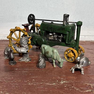 LOT 359: Cast Iron John Deer Tractor, Miniature Pewter & More Farms Animals