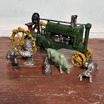 LOT 359: Cast Iron John Deer Tractor, Miniature Pewter & More Farms Animals