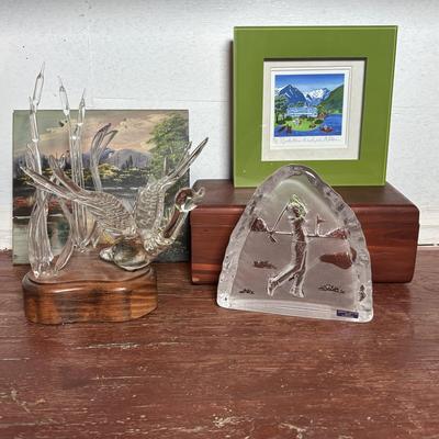 LOT 360: Edinburg Crystal Golf Sculpture, Framed & Signed Print of Midtnes Hotel, Norway, Painted, Lane Cedar Memory Box, Handblown...