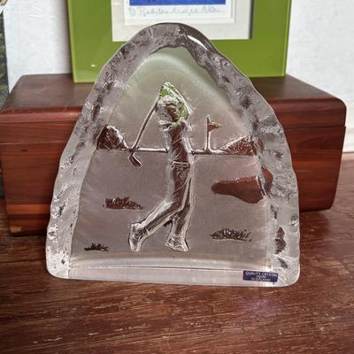 LOT 360: Edinburg Crystal Golf Sculpture, Framed & Signed Print of Midtnes Hotel, Norway, Painted, Lane Cedar Memory Box, Handblown...