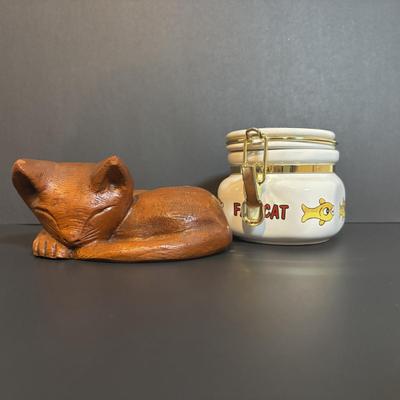 LOT 361: "Wildcat" Batik Painting by Artist Jane Tamako 1981, Carved Wooden Sleeping Cat & Fat Cat Treat Jar