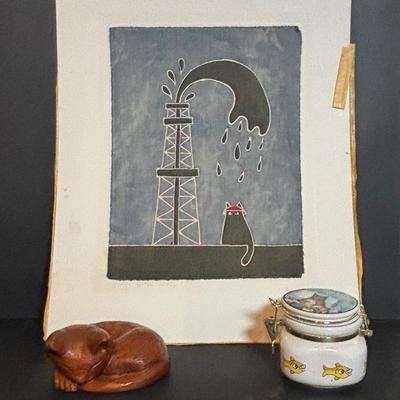 LOT 361: "Wildcat" Batik Painting by Artist Jane Tamako 1981, Carved Wooden Sleeping Cat & Fat Cat Treat Jar