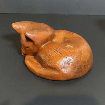 LOT 361: "Wildcat" Batik Painting by Artist Jane Tamako 1981, Carved Wooden Sleeping Cat & Fat Cat Treat Jar