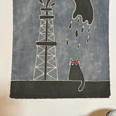LOT 361: "Wildcat" Batik Painting by Artist Jane Tamako 1981, Carved Wooden Sleeping Cat & Fat Cat Treat Jar