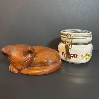 LOT 361: "Wildcat" Batik Painting by Artist Jane Tamako 1981, Carved Wooden Sleeping Cat & Fat Cat Treat Jar