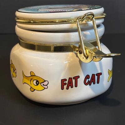 LOT 361: "Wildcat" Batik Painting by Artist Jane Tamako 1981, Carved Wooden Sleeping Cat & Fat Cat Treat Jar