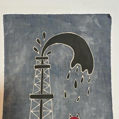 LOT 361: "Wildcat" Batik Painting by Artist Jane Tamako 1981, Carved Wooden Sleeping Cat & Fat Cat Treat Jar