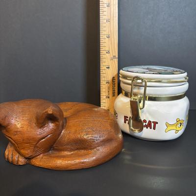 LOT 361: "Wildcat" Batik Painting by Artist Jane Tamako 1981, Carved Wooden Sleeping Cat & Fat Cat Treat Jar