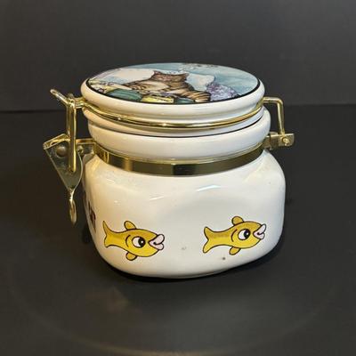 LOT 361: "Wildcat" Batik Painting by Artist Jane Tamako 1981, Carved Wooden Sleeping Cat & Fat Cat Treat Jar