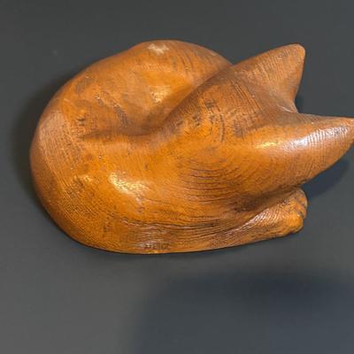 LOT 361: "Wildcat" Batik Painting by Artist Jane Tamako 1981, Carved Wooden Sleeping Cat & Fat Cat Treat Jar