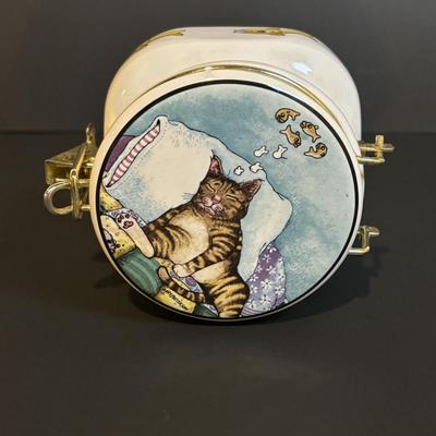 LOT 361: "Wildcat" Batik Painting by Artist Jane Tamako 1981, Carved Wooden Sleeping Cat & Fat Cat Treat Jar