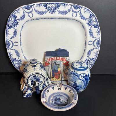 LOT 363: Wedgewood Grosvenor Blue Swag Pattern Platter and Delft Blue Decanter/Jug Set, Tea Caddy & Ashtray