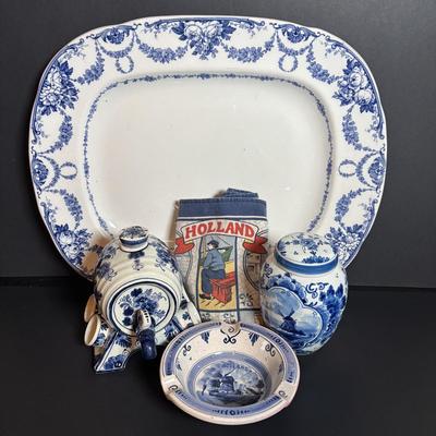 LOT 363: Wedgewood Grosvenor Blue Swag Pattern Platter and Delft Blue Decanter/Jug Set, Tea Caddy & Ashtray
