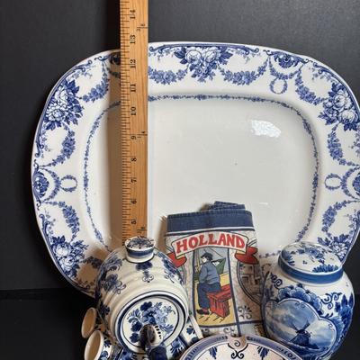 LOT 363: Wedgewood Grosvenor Blue Swag Pattern Platter and Delft Blue Decanter/Jug Set, Tea Caddy & Ashtray
