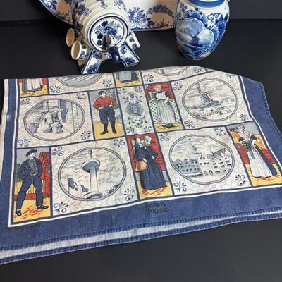 LOT 363: Wedgewood Grosvenor Blue Swag Pattern Platter and Delft Blue Decanter/Jug Set, Tea Caddy & Ashtray
