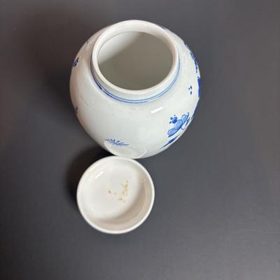 LOT 363: Wedgewood Grosvenor Blue Swag Pattern Platter and Delft Blue Decanter/Jug Set, Tea Caddy & Ashtray