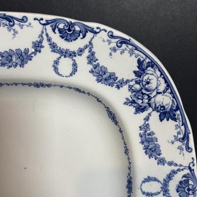 LOT 363: Wedgewood Grosvenor Blue Swag Pattern Platter and Delft Blue Decanter/Jug Set, Tea Caddy & Ashtray