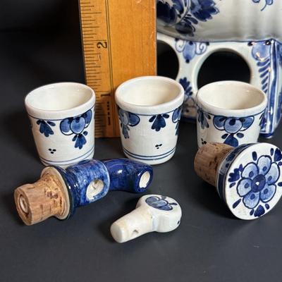 LOT 363: Wedgewood Grosvenor Blue Swag Pattern Platter and Delft Blue Decanter/Jug Set, Tea Caddy & Ashtray