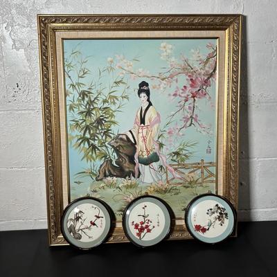 LOT 382: Home Decor Geisha Girl Print on Canvas & Set of 3 Round Japanese 3D Art Shadow Boxes