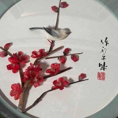 LOT 382: Home Decor Geisha Girl Print on Canvas & Set of 3 Round Japanese 3D Art Shadow Boxes