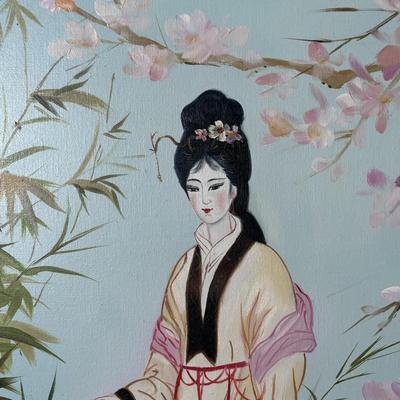LOT 382: Home Decor Geisha Girl Print on Canvas & Set of 3 Round Japanese 3D Art Shadow Boxes